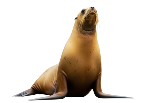 Isolated California sea lion is seated upright, looking upwards, whiskers visible indoors