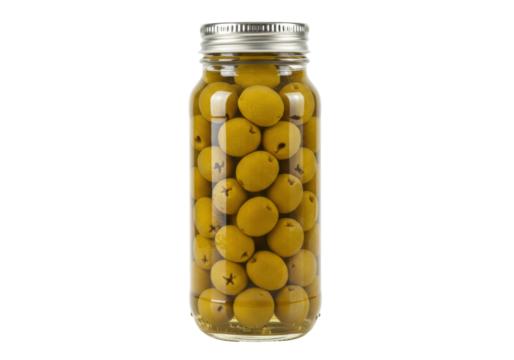 Isolated jar of preserved green olives, canned fruit in a glass container, food item with liquid