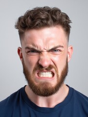 Obraz premium A young Caucasian man with curly hair and a beard shows an angry expression. He is wearing a blue t-shirt and has a fierce look on his face.