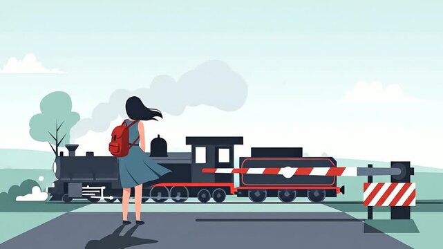Woman with a backpack waiting at a railroad crossing for a passing train.