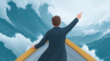 A cartoon leader standing confidently at the front of a ship battling strong ocean waves, symbolizing brave leadership. Overcoming obstacles in business.