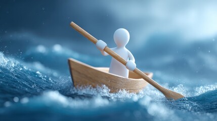A cartoon leader standing confidently at the front of a ship battling strong ocean waves, symbolizing brave leadership. Overcoming obstacles in business.