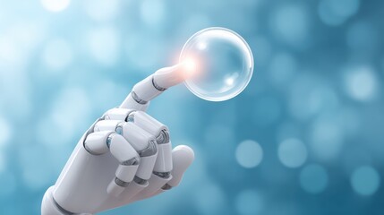 A robot hand touching or poking a bubble, symbolizing concerns about the AI technology crisis, a stock market downturn, and a bursting bubble crisis.