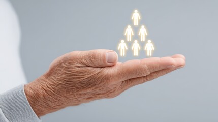 A symbolic scene of an elderly hand and a floating demographic chart, representing the shifting population structure. The continuously increasing elderly population