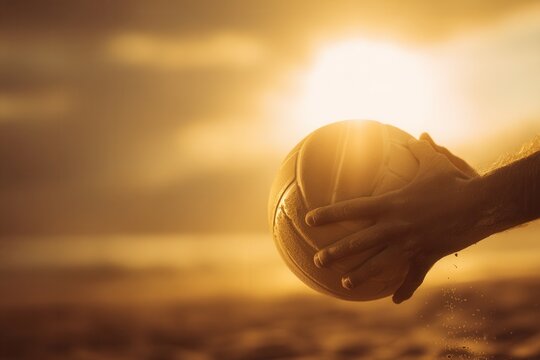 A hand holds a volleyball against a sunset backdrop on a beach. The scene captures the essence of summer sports and leisure activities.