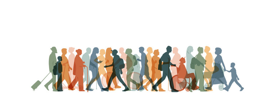 Silhouettes of different people on the street. Colourful design.  