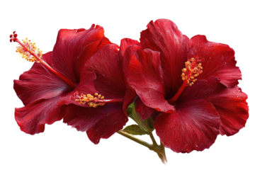 Close-up view of two vibrant, deep-red hibiscus flowers with visible stamens