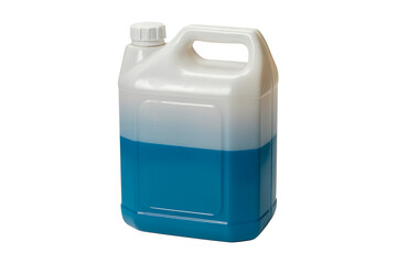 A white plastic jerrycan with a blue liquid inside, isolated on white background
