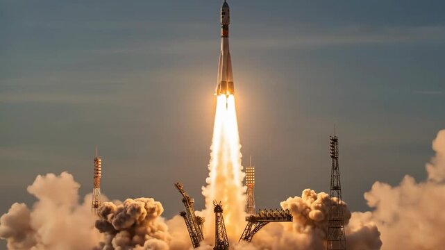 Powerful rocket launch soars into clear sky leaving fiery trail and billowing smoke
