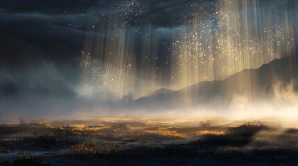 Ethereal Landscape Made of Light Rays and Sparkling Digital Mist