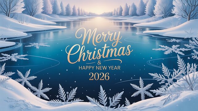 Winter landscape merry christmas and happy new year 2026 greeting card with frosty lake and snowy forest background