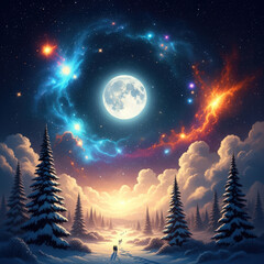 Magical winter night sky with full moon and colorful nebula over snowy landscape