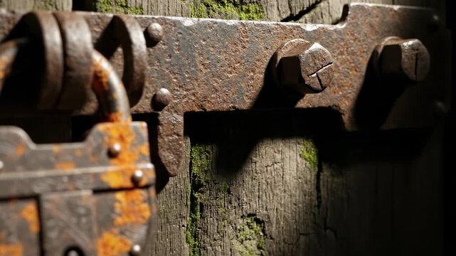 Close-up of an old rusty padlock on a weathered wooden door, symbolizing security and decay.