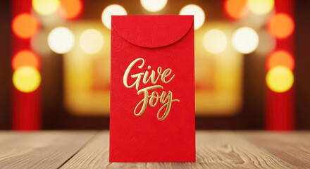 Red envelope with give joy text and blurred festive lights background