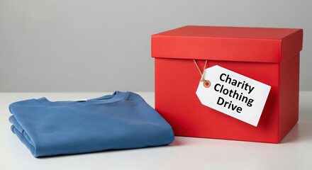 Red charity clothing donation box with folded blue shirt and tag