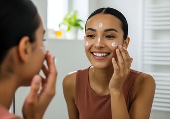 Smiling Woman Applying Face Cream in Front of Mirror