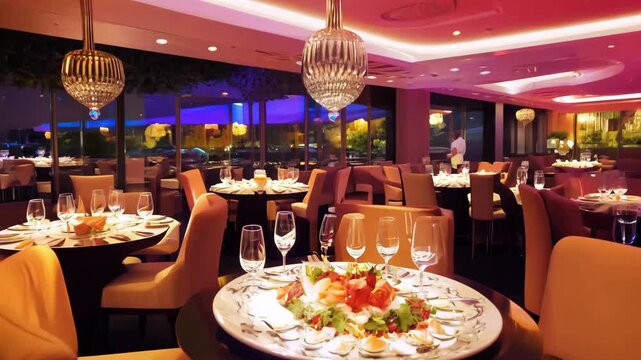 A contemporary restaurant interior with vibrant, colorful lighting, stylish furniture, and elegantly set tables, creating a trendy dining atmosphere. 4k Video footage
