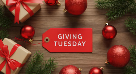 Giving tuesday concept with festive holiday decorations and gift boxes on wooden background