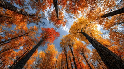 Vibrant autumn forest with red and yellow tree canopy under bright blue sky peaceful fall nature landscape background