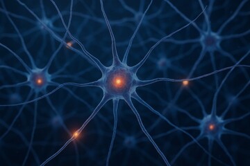 Glowing neural network cells interconnected on a dark background, illustrating abstract brain activity and connectivity concept in digital style. Ai generative