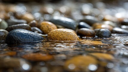 Nature therapy and mental wellness theme with wet river stones, glistening surfaces for calm