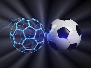 Futuristic glowing soccer ball meets traditional soccer ball