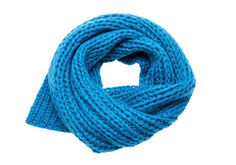 Isolated close-up of a blue knitted scarf, warm and snug winter accessory, fashion item