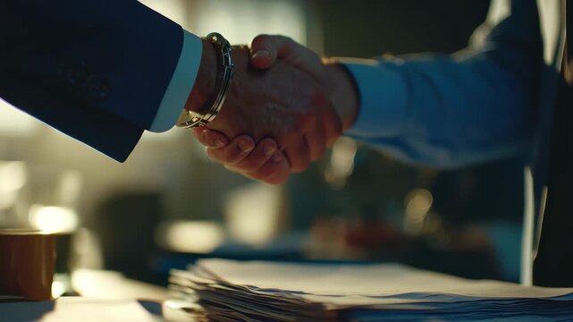 Business deal gone wrong Two men shake hands, one is in handcuffs, betrayal concept, 4k high quality footage