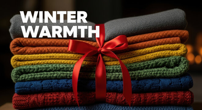 Cozy stack of folded knitted scarves and blankets tied with a red ribbon