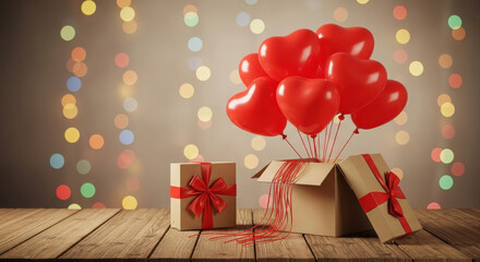 Surprise valentine s day gift box with red heart balloons and bokeh lights