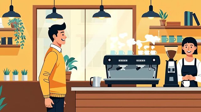 Young Man Ordering Coffee from a Friendly Barista in a Cozy Cafe.