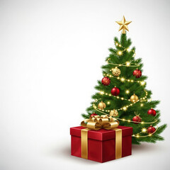 Festive decorated christmas tree with a red gift box and gold ribbon on white background