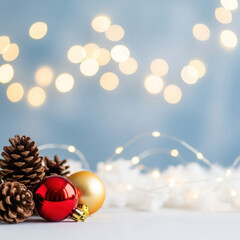 Festive christmas decorations with pinecones and blurry golden lights