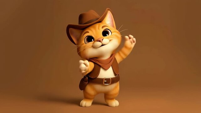 Happy Dancing Cat Dressed as a Cowboy on a Brown Background. Seamless Loop