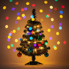 Small decorated christmas tree with colorful bokeh lights in the background