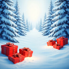Winter wonderland with snow covered pine trees and bright red christmas gifts scattered on the snow