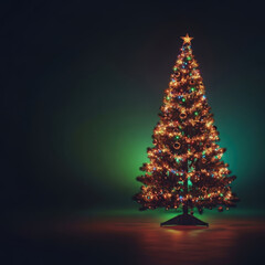 Illuminated christmas tree with warm lights on a dark background