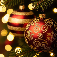 Close up of red and gold christmas ornaments hanging on a decorated evergreen tree with bokeh lights