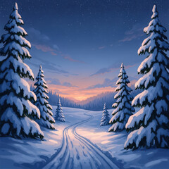 Snow covered pine trees line a winding path under a twilight sky with stars