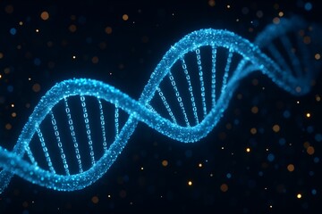 Glowing digital DNA double helix with binary code strands on dark background symbolizing data and genetic technology concept in futuristic style. Ai generative