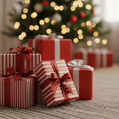 Pile of red and white striped christmas presents under a decorated tree with bokeh lights