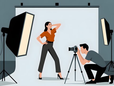 Professional photo shoot with model and photographer in studio