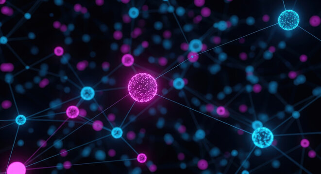 Abstract digital network of glowing neon nodes and connections in dark space