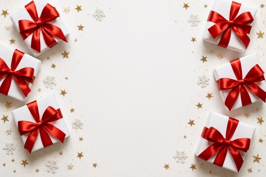 Christmas gift boxes with red ribbons arranged around border on white background with gold stars and snowflakes for festive celebration concept. Ai generative - Powered by Adobe