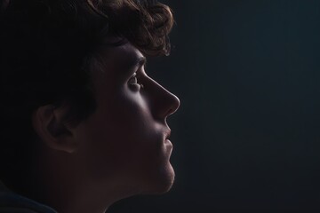 Dramatic profile portrait of a young man in deep contemplation on black background