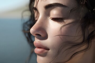 Fototapeta premium Close-up of woman's serene face with eyes closed in soft, natural light