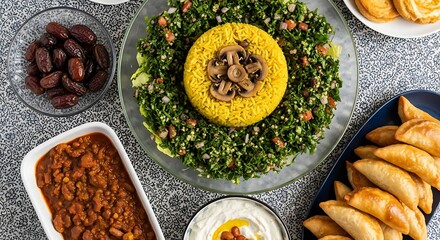 Middle Eastern Feast with Dates Rice Salad and Savory Pastries dried fruit yellow rice