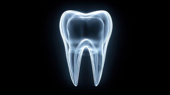 Glowing tooth illustration against a black background