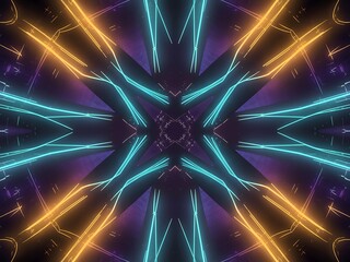 Symmetrical neon lights abstract kaleidoscope pattern