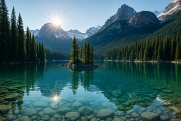 Stunning alpine lake landscape with pine island, crystal-clear water, and majestic snow-capped mountains in morning light as natural background concept. Ai generative